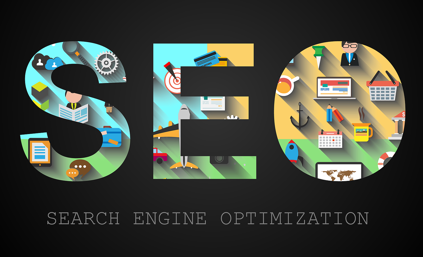SEO Search engine optimization concept with Flat design and a lot of icons behind.